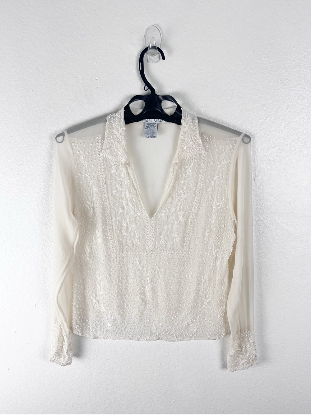 WHITE HOUSE BLACK MARKET 100% Silk Beaded Sheer Blouse Size Medium Boho Chic